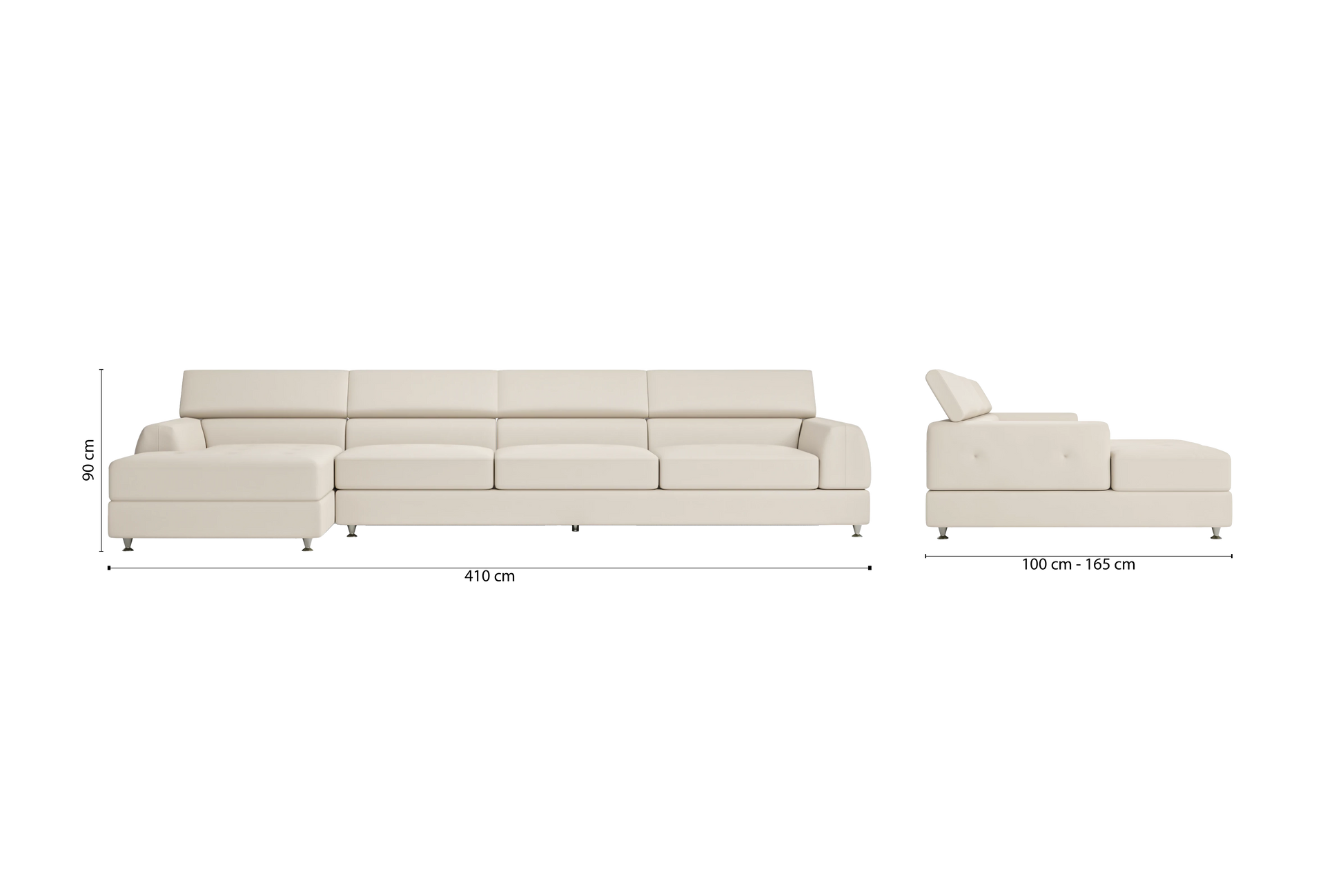 Vicenza 4 Seater Left Hand Facing Chaise Lounge Corner Sofa Cream Leather