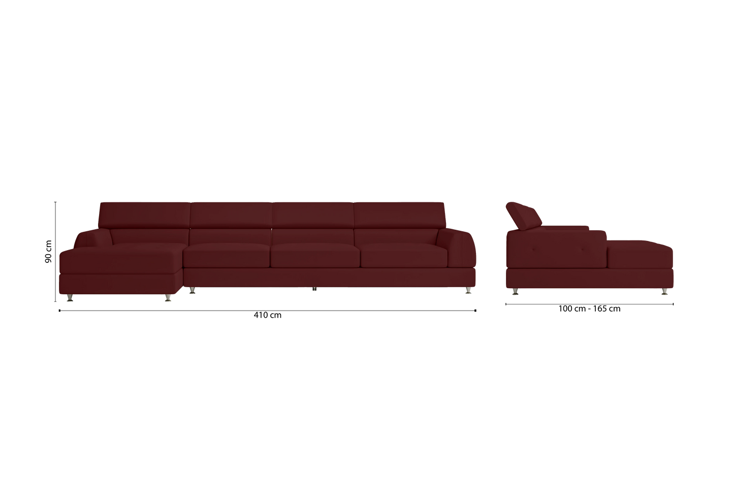 Vicenza 4 Seater Left Hand Facing Chaise Lounge Corner Sofa Red Leather