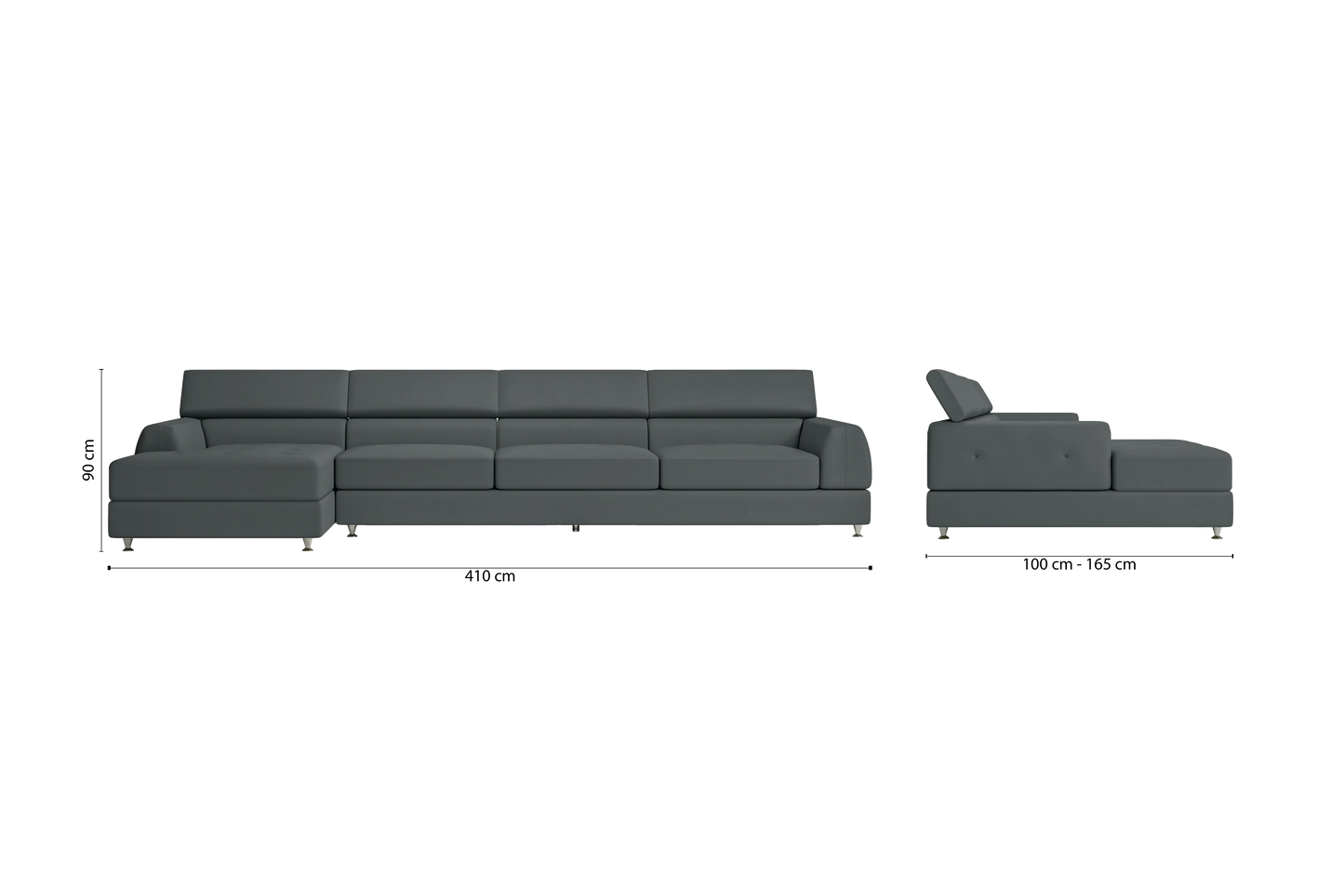 Vicenza 4 Seater Left Hand Facing Chaise Lounge Corner Sofa Slate Leather