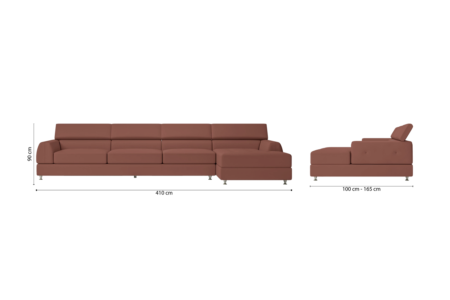 Vicenza 4 Seater Right Hand Facing Chaise Lounge Corner Sofa Mauve Leather