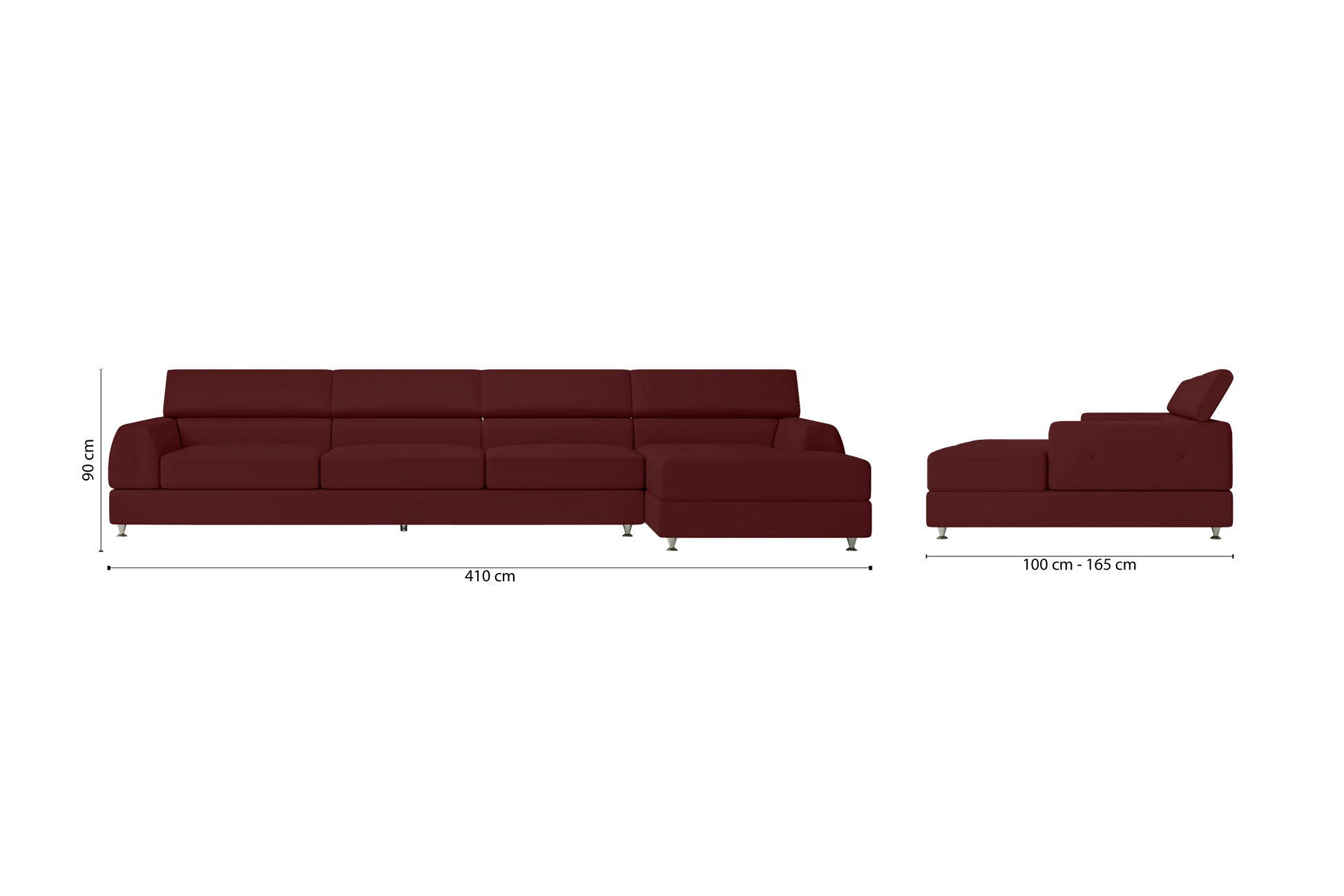 Vicenza 4 Seater Right Hand Facing Chaise Lounge Corner Sofa Red Leather