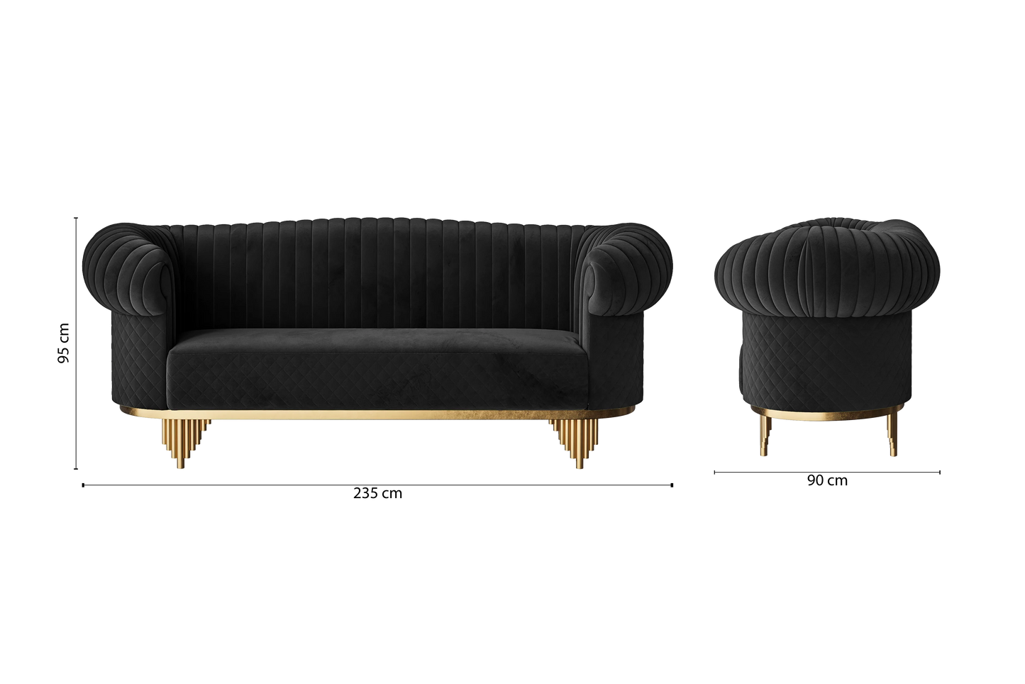 Viterbo 3 Seater Sofa Black Velvet