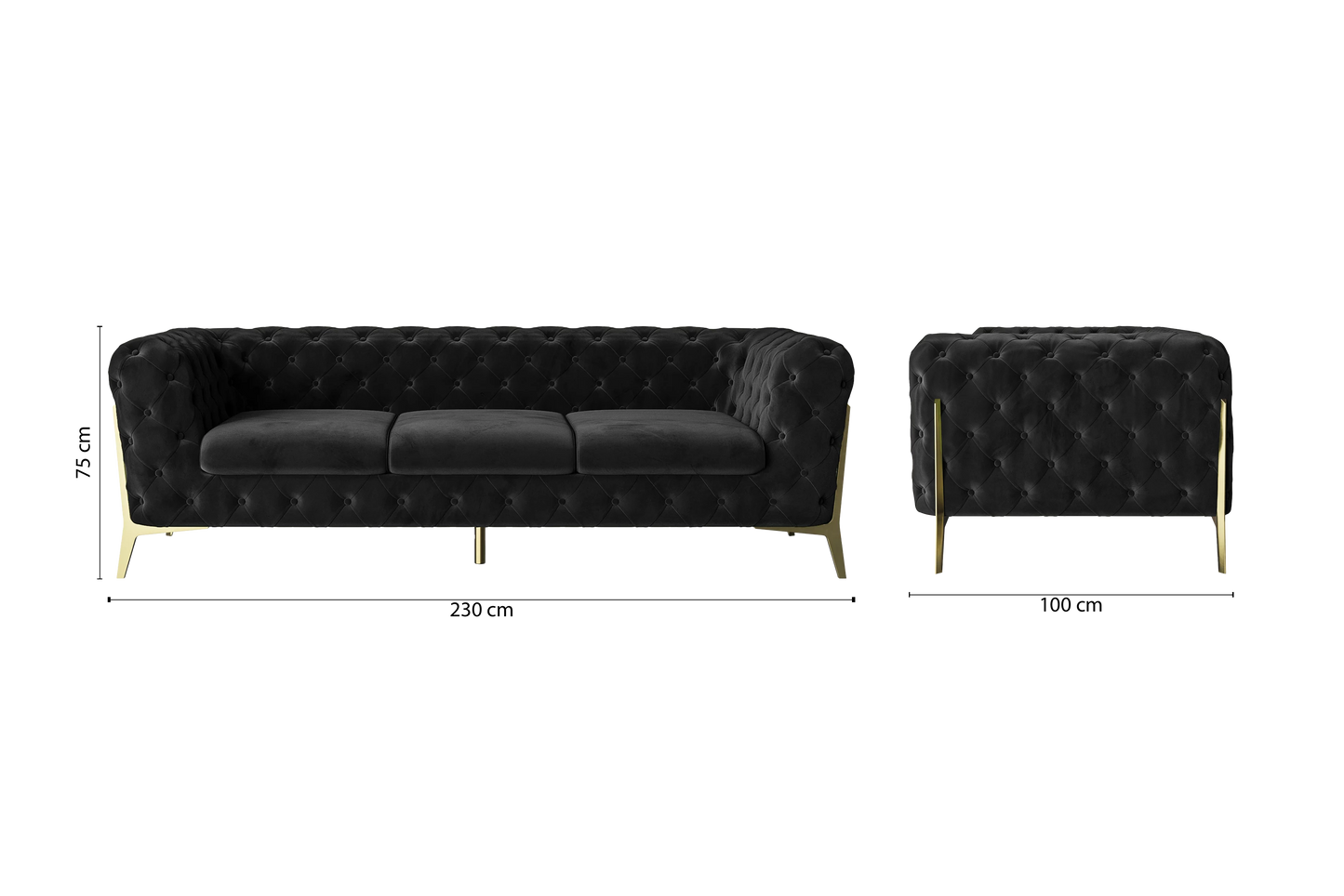 Vito 3 Seater Sofa Black Velvet